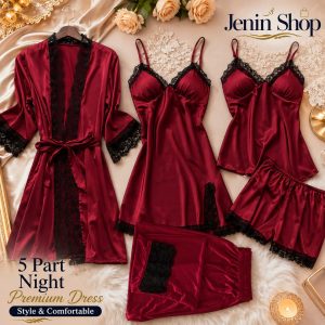 5 Part Night Dress Black Lace Merun