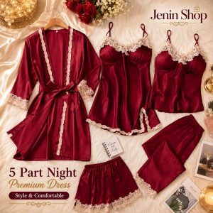 5 Part Night Dress White Lace Merun